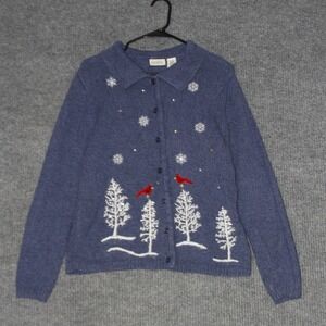 Classic Elements Womens Blue Cardinal Snow Tree Embroidered Cardigan Sweater M